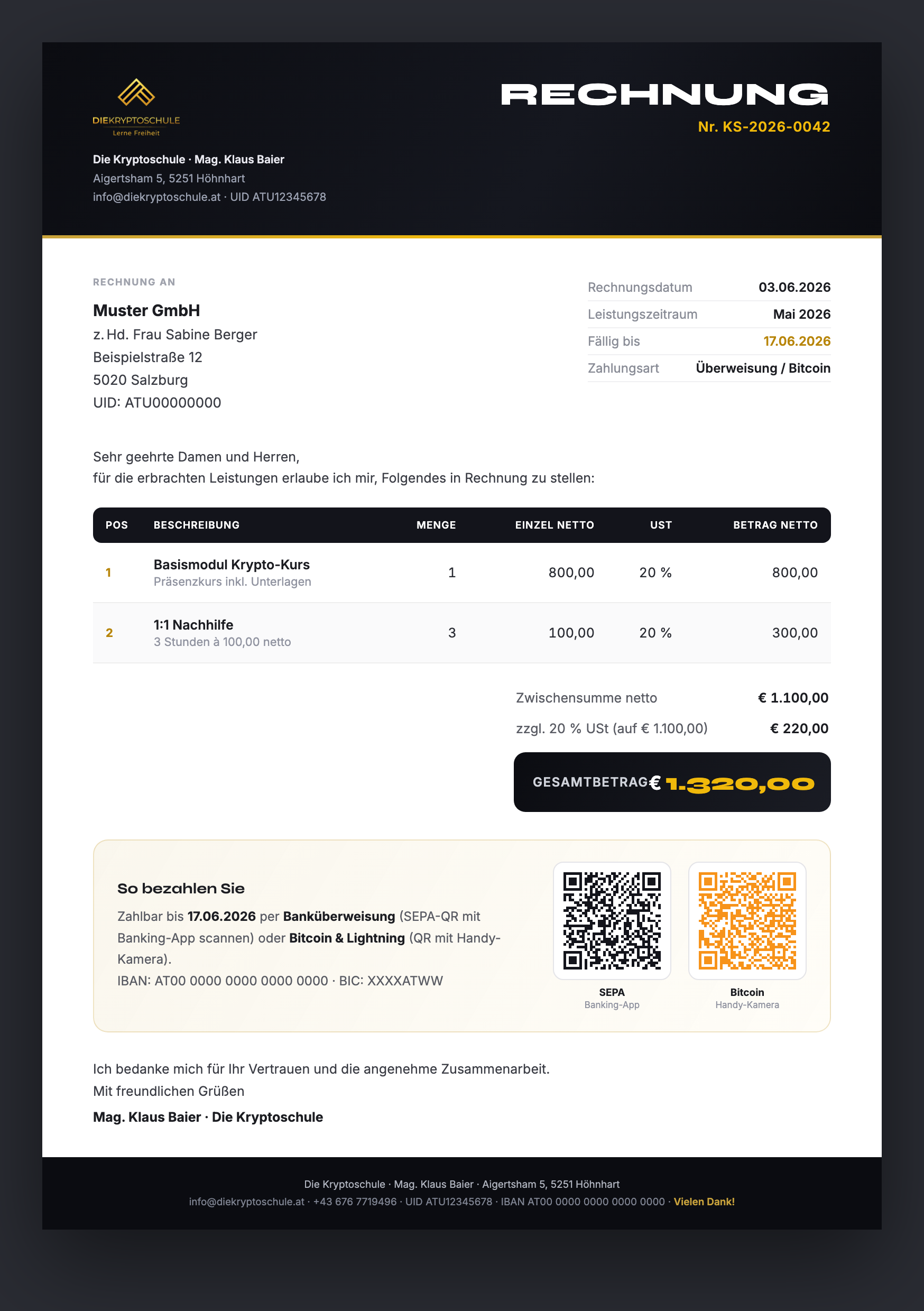 Fertige Rechnung mit Bitcoin- und SEPA-QR